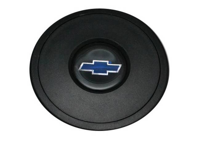 HORN CAP, Volante, S9 Premium 9 Bolt Series, Black Surround W/ Blue Bowtie on a Black Background Center Cap
