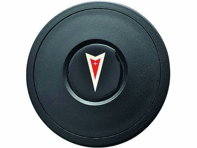 Volante Horn Cap, S9 Premium 9 Bolt Series, Black Surround W/ Pontiac *Arrowhead* in Red and Chrome Edging on a Black Background