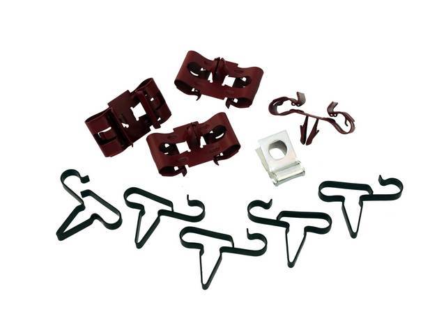 CLIP SET, Brake Lines, (10) incl one 3/16 inch clip, four 1/4 x 3/16 inch double sided push on clips and five 5/16 inch spring clips, repro