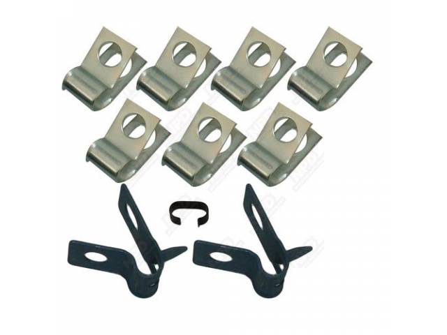 CLIP SET, Brake Lines, (10) incl seven 1/4 inch clips, two 5/16 inch clips w/ tabs and one 5/16 x 5/16 inch spring clip, repro 
