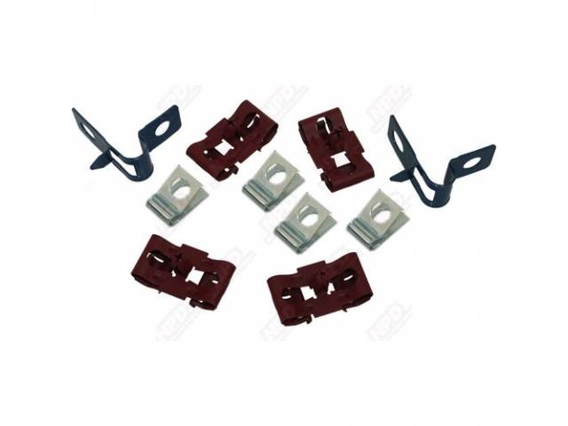 CLIP SET, Brake Lines, (10) incl four 1/4 x 3/16 inch double push on clips, four 3/16 inch clips and two 3/8 inch clips w/ tabs, repro