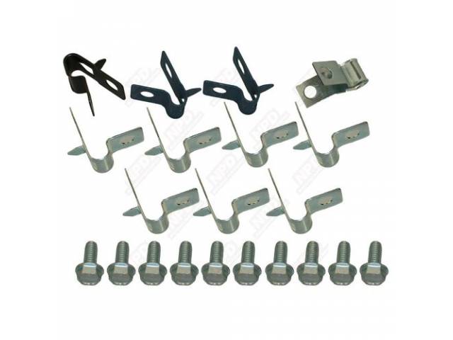 CLIP SET, Brake Lines, (21) incl ten bolts, two 5/16 inch clips and seven 3/8 inch clips w/ tabs, one 3/8 x 5/16 inch clip w/ tab and one rear axle clip, repro