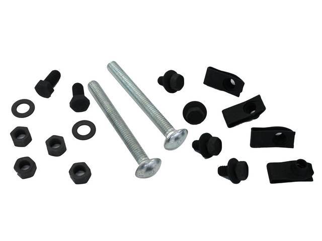 Fuel Tank Strap Fastener Kit, 18-piece kit, includes 2 long bolts, 6 short bolts, 2 washers, 4 nuts and 4 clips, OE Correct reproduction