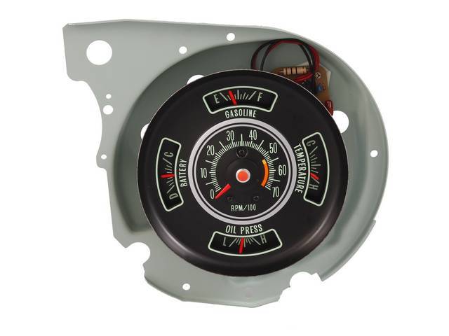 GAUGE CLUSTER, Instrument, incl tachometer w/ 5500 rpm redline, fuel level, oil pressure, battery and temperature gauges, installs in RH pod, repro