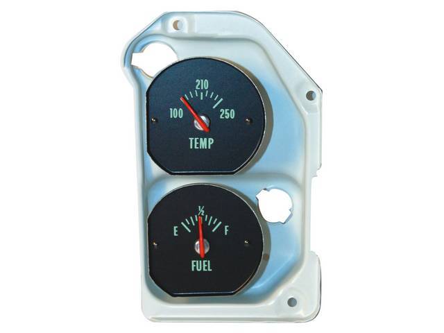 GAUGE, Fuel Quantity / Engine Temperature, w/ bracket, correct black finish face w/ green markings and red pointer, repro