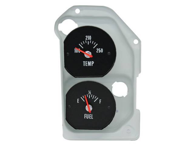 GAUGE, Fuel Quantity / Engine Temperature, w/ bracket, correct black finish face w/ white markings and red pointer, repro