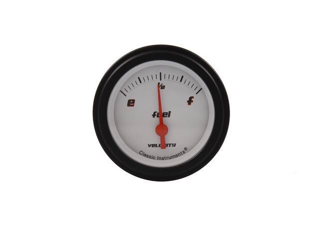 Gauge, Fuel Quantity, Classic Instruments, Velocity White Series (gauge has orange pointer w/ black markings on a white face), 2 1/8 inch diameter, 0-30 OHM reading