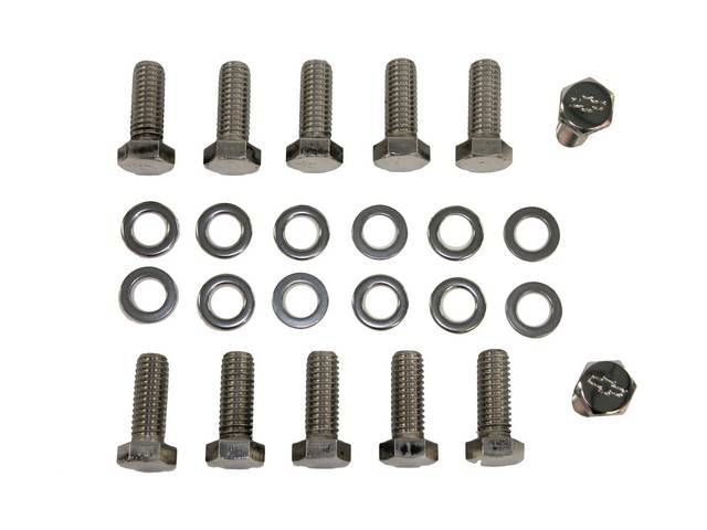 BOLT AND WASHER KIT, Intake Manifold, (24) incl hex cap polished stainless bolts w/ *Bowtie* (1.25 Inch Over All Length W/ Hex Head) and 12 washers, Repro