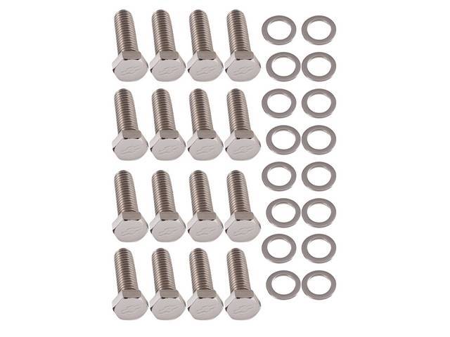 BOLT AND WASHER KIT, Intake Manifold, (34) incl 18 hex cap polished stainless bolts w/ *Bowtie* (1.5 Inch Over All Length W/ Hex Head) and 16 washers, Repro