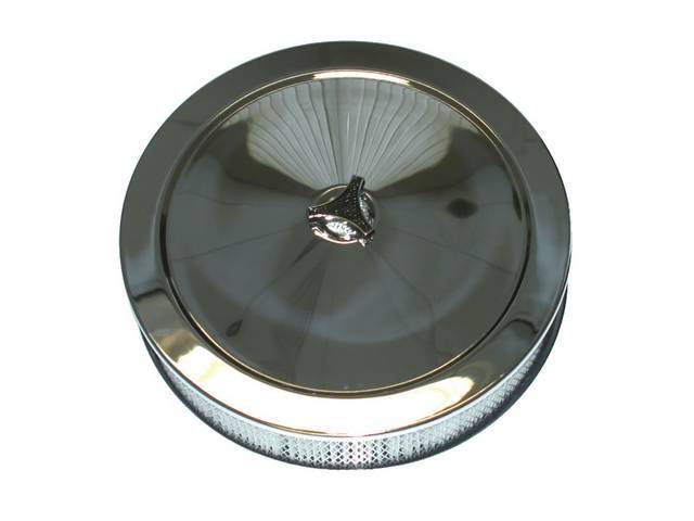 14" diameter x 3" height Chrome Air Cleaner Assembly, includes chrome recessed base and top cover, paper filter, carburetor stud and wing nut