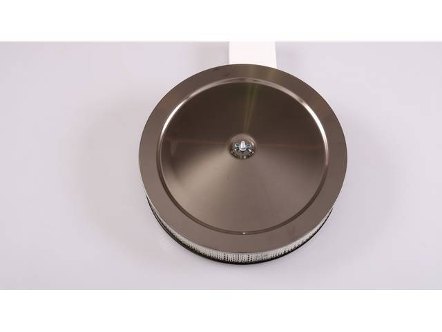 14" diameter x 3" height Black Chrome Air Cleaner Assembly, includes black chrome recessed base and top cover, paper filter, carburetor stud and wing nut