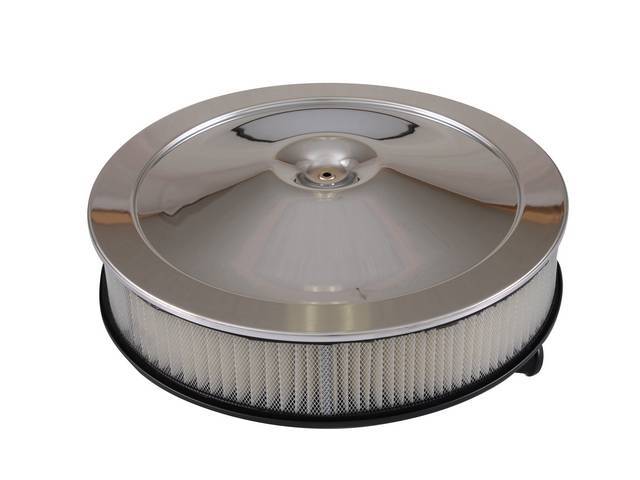 AIR CLEANER ASSY, 14 inch o.d. x 3 inch height, Incl black base, flame arrestor, chrome lid and replacement style white air filter, OE-style repro