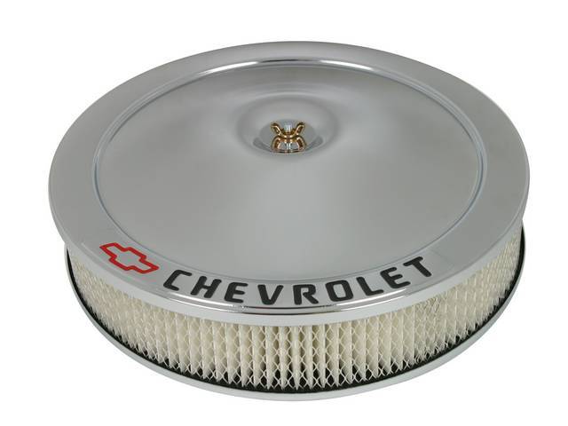 AIR CLEANER ASSY, Steel, Classic shape, 14 inch diameter x 3 inch height, Chrome finish, **CHEVROLET and Red Bowtie**, Incl paper filter and mounting hardware, Does not incl wing nut, GM Licensed item, Repro