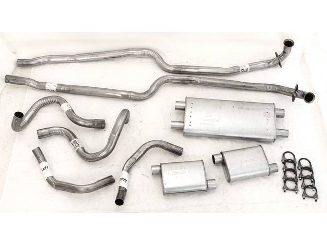 EXHAUST SYSTEM, Dual, Aluminized, kit includes head pipes w/ resonators, mufflers, tail pipes, clamps and flanges, repro