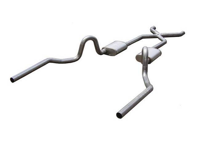 Exhaust System, Dual, 2 1/2 Inch Stainless Steel w/ x-pipe, Street Pro mufflers, rearward style exit tail pipes, cad plated clamps and hangers, Pypes