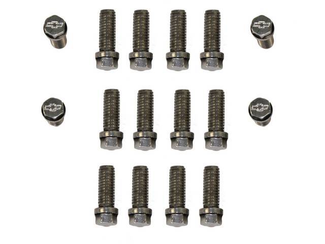 BOLT KIT, Header to Cyl Head, (16) incl hex cap polished stainless bolts w/ *Bowtie* (1 Inch Length, 1.3 Inch Over All Length W/ Hex Head), Repro