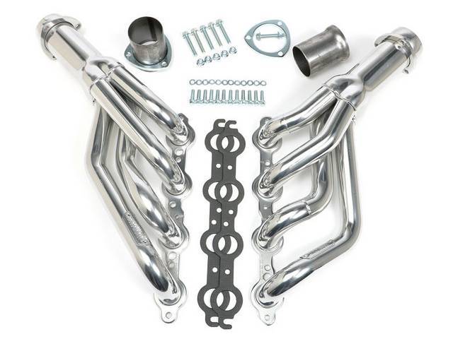 LS Conversion Exhaust Header Set, Mid-length, Polished Silver Ceramic Coated Stainless Steel, Includes Gaskets, 2 1/2 inch Reducers, and Hardware, reproduction for (70-81)