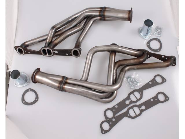 Headers, Full Length, 1 5/8 inch primary tube, SAP port and 3 inch collector w/ 2 1/2 inch reducer, Incl gaskets and header bolts, Raw steel finish, Patriot 