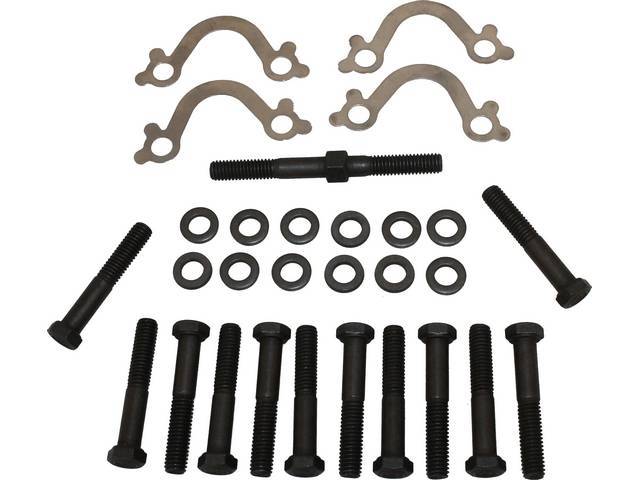 FASTENER KIT, Exhaust Manifolds to Engine Block, (28) incl HX bolts, stud, flat washers and stainless steel french locks, OE-correct repro