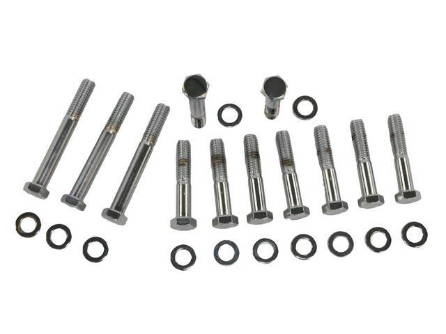 BOLT KIT, Exhaust Manifolds, (24) incl hex cap chrome plated bolts (8 - 2.15 Inches Over All Length, 4 - 3.15 Inches Over All Length) and washers, Repro