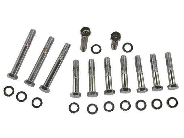 BOLT KIT, Exhaust Manifolds, (24) incl hex cap polished stainless bolts w/ *Bowtie* (8 - 2.15 Inches Over All Length, 4 - 3.15 Inches Over All Length) and washers, Repro