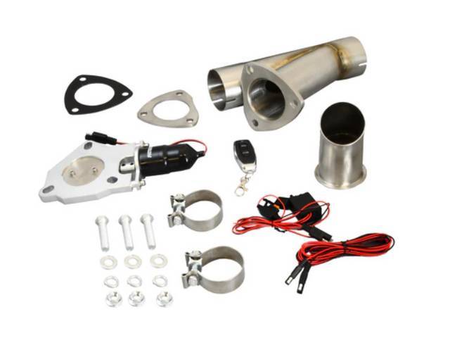 Patriot Electronic Exhaust Cutout, 2.5 inch single exhaust, includes y-pipe, clamps, gaskets, hardware, wiring harness w/ switch and remote
