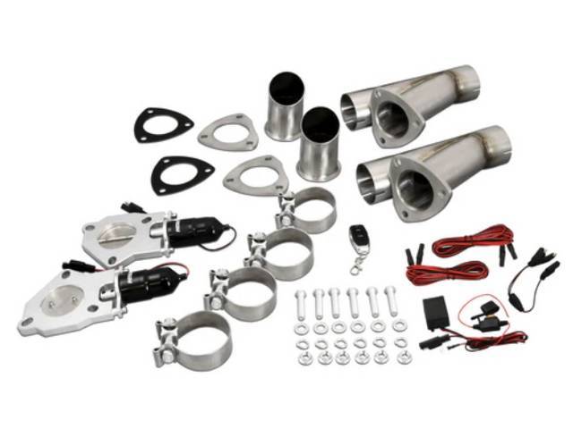 Patriot Electronic Exhaust Cutout, 2.5 inch dual exhaust, includes y-pipe, gear reduction motors, clamps, gaskets, hardware, wiring harness w/ switch and remote