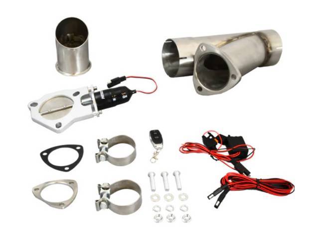Patriot Electronic Exhaust Cutout, 3 inch single exhaust, includes y-pipe, gear reduction motor, clamps, gaskets, hardware, wiring harness w/ switch and remote
