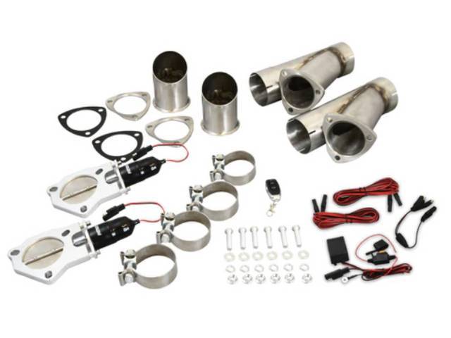 Patriot Electronic Exhaust Cutout, 3 inch dual exhaust, includes y-pipe, gear reduction motors, clamps, gaskets, hardware, wiring harness w/ switch and remote
