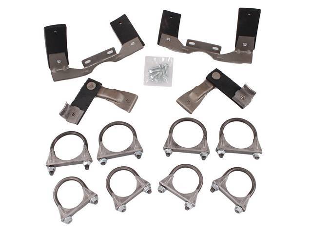 Hanger Kit, Dual Exhaust, incl muffler and tail pipe hangers (carbon steel and rubber strap construction), four 2 1/2 Inch clamps, four 2 Inch clamps and hardware.