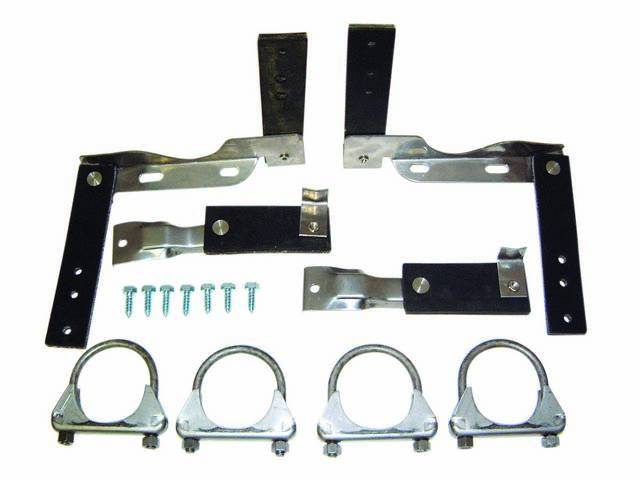 HANGER KIT, Muffler and Tail Pipe, Dual Exhaust, 304 Stainless Construction, Pypes, Fits 2 inch, 2 1/4 inch, 2 1/2 inch and 3 inch diameter pipe, incl muffler and tail pipe hangers (stainless and rubber strap construction) w/ 3 mounting holes (OE design o