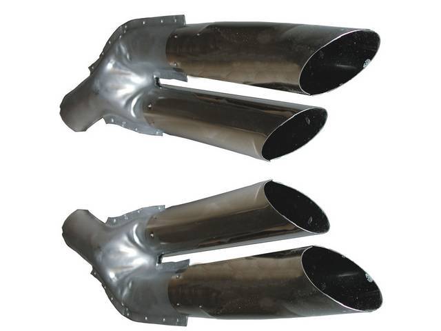 EXTENSION / SPLITTER SET, Tail Pipe, Dual Exhaust, correct design w/ stamped 2 piece shell, rolled / polished stainless tips, correctly placed indents, repro