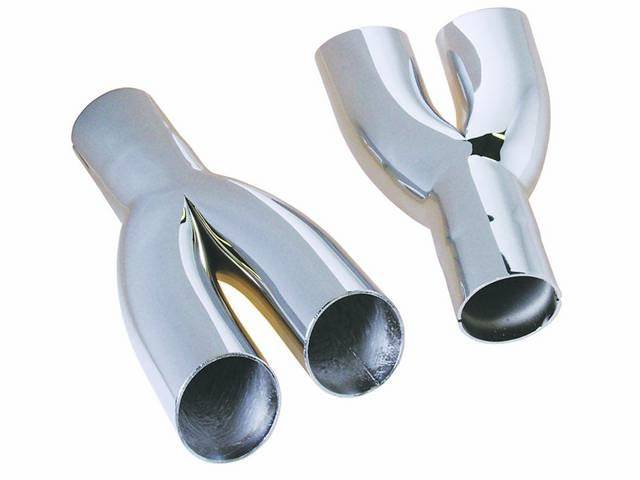 EXTENSION / SPLITTER SET, Tail Pipe, 2 1/4 Inch Inlet Diameter, W/ Dual Exhaust, correct contours, chrome finish, Repro