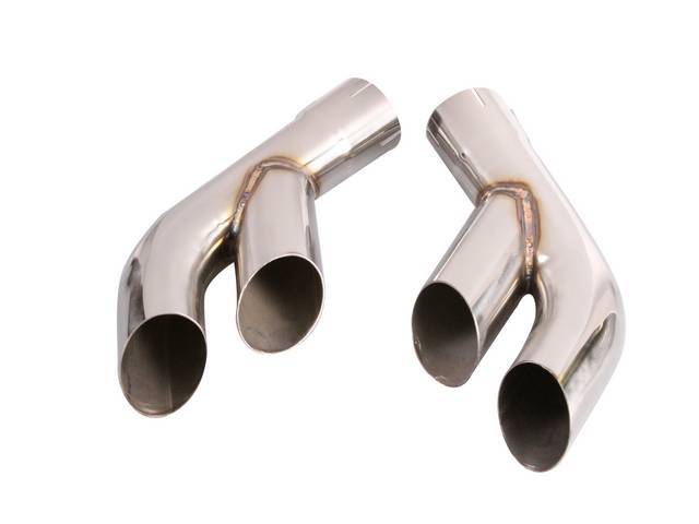 EXTENSION / SPLITTER SET, Exhaust Outlet / Tail Pipe, 2 1/2 Inch I.D. to a Dual 2 1/2 Inch I.D. Outlet, Angle Cut, Polished Stainless Finish, Repro
