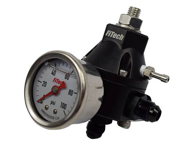 Fuel Regulator, Billet Aluminum, 2-ports, Single Output, w/ Guage, AN-6 fittings, Adjustable from 30-70 psi, includes mounting bracket