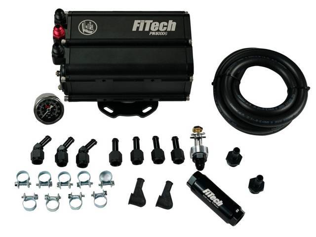 Force Mini Fuel Delivery Kit, Incl 5 feet of high pressure hose, under hood mounted fuel pump w/ internal pressure regulator, fuel filter, clamps and AN fittings