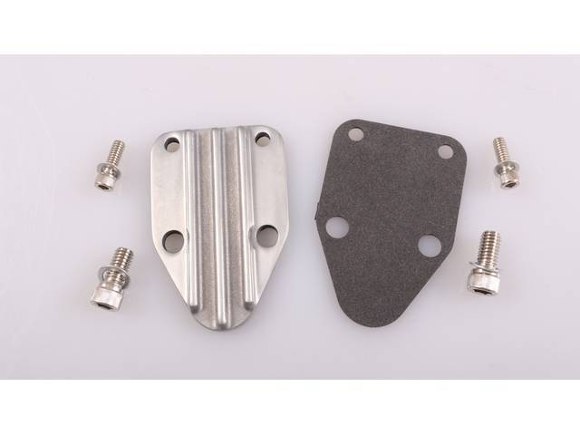 Fuel Pump Block-Off Plate, Finned Polished Zinc Alloy, includes gasket and hardware, reproduction for Chevrolet Small Block (58-86)