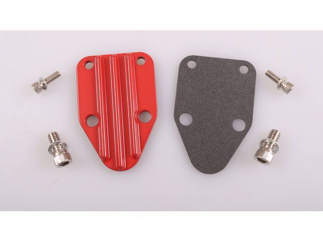Fuel Pump Block-Off Plate, Finned Red Powder Coated Zinc Alloy, includes gasket and hardware, reproduction for Chevrolet Small Block (58-86) 
