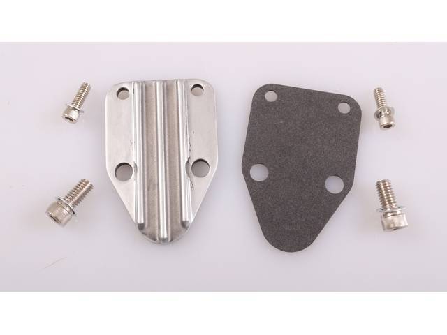 Fuel Pump Block-Off Plate, Finned Raw Finish Zinc Alloy, includes gasket and hardware, reproduction for Chevrolet Small Block (58-86) 