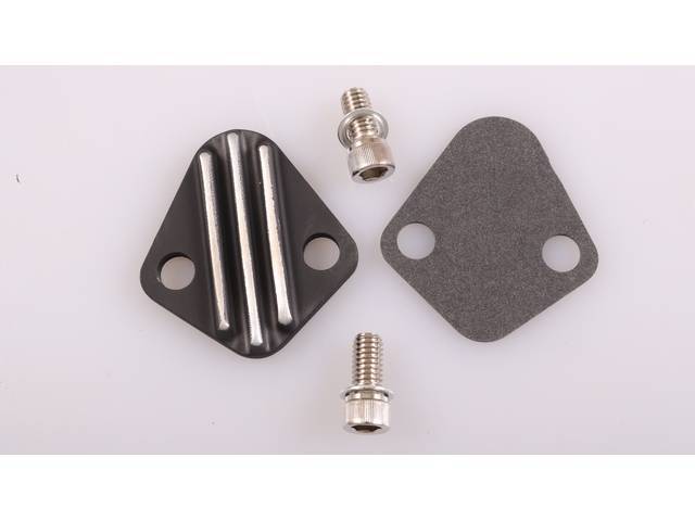 Fuel Pump Block-Off Plate, Finned Black Powder Coated Zinc Alloy, includes gasket and hardware, reproduction for Chevrolet Big Block (65-95) 