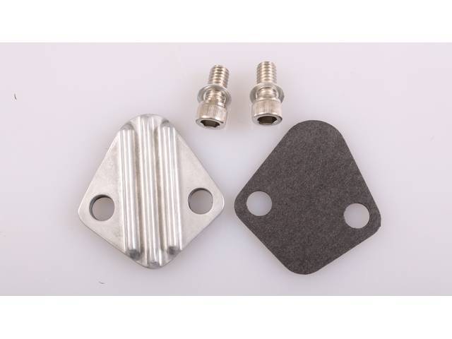 Fuel Pump Block-Off Plate, Finned Polished Zinc Alloy, includes gasket and hardware, reproduction for Chevrolet Big Block (65-95) 