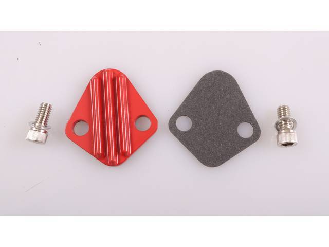 Fuel Pump Block-Off Plate, Finned Red Powder Coated Zinc Alloy, includes gasket and hardware, reproduction for Chevrolet Big Block (65-95) 