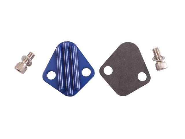 Fuel Pump Block-Off Plate, Finned Blue Powder Coated Zinc Alloy, includes gasket and hardware, reproduction for Chevrolet Big Block (65-95) 