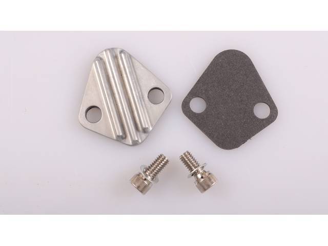 Fuel Pump Block-Off Plate, Finned Raw Zinc Alloy, includes gasket and hardware, reproduction for Chevrolet Big Block (65-95) 