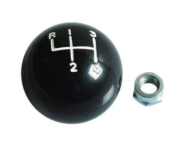 KNOB, Shift, 1 Piece, Black W/ 4 Speed Pattern in White, incl check nut, 3/8 Inch Thread, Repro