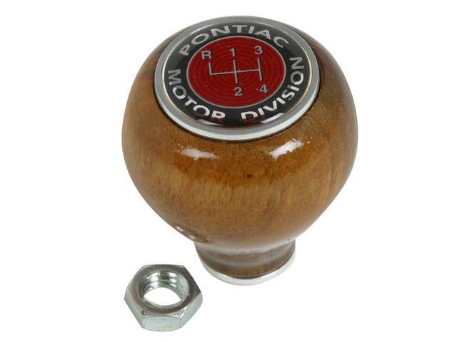 KNOB, Shift, Walnut, w/ 4 speed shift pattern, black walnut, stained and clear coated, US-Made repro