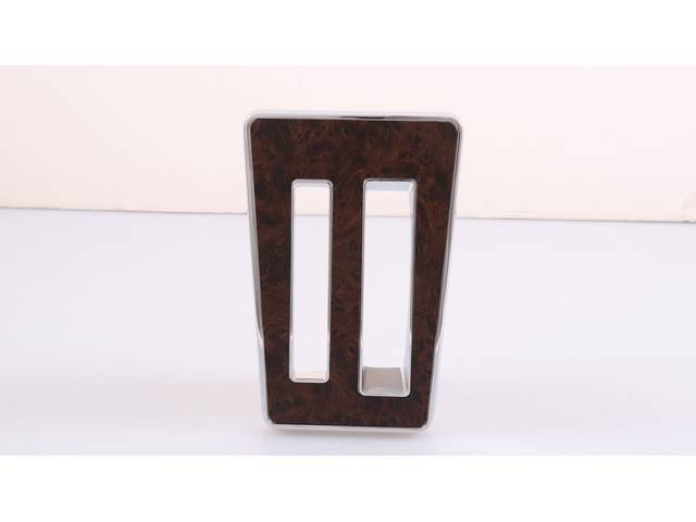 PLATE, Console Shift Trim, features correct Burlwood woodgrain design w/ bright chrome outer trim as original, incl *3-2-1* numbers on lower RH side, replaces original GM p/n 9797444, OER repro