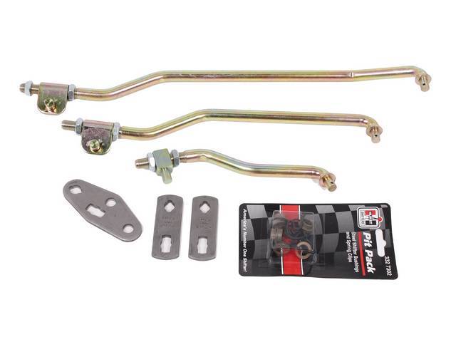 ROD AND TAB SET, Hurst Shifter, incl three 1/2 inch diameter rods in correct gold anodized finish, 3 die stamped tabs, metal bushings and clip kit, repro