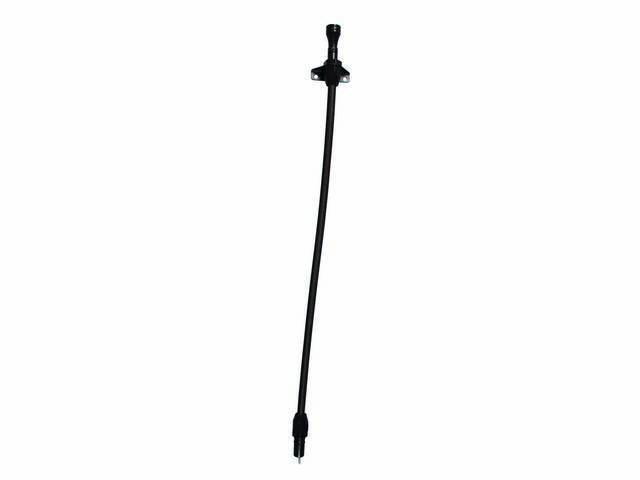 DIPSTICK AND TUBE, Transmission Oil, Black, 28-3/4 Inch length, Firewall mount, Features a billet aluminum handle w/ flexible braided hose, Repro
