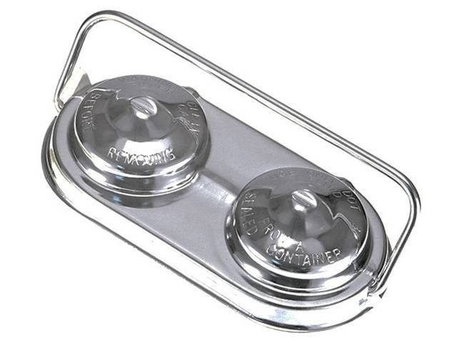 CAP / COVER, Master Cylinder Reservoir, w/ Single Bail, 2 3/8 Inch X 5 Inch, dual round bumps, incl cover and bail in chrome finish, no diaphragm incl, repro